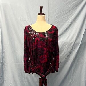 Perceptions Red and Black Floral Lace Blouse